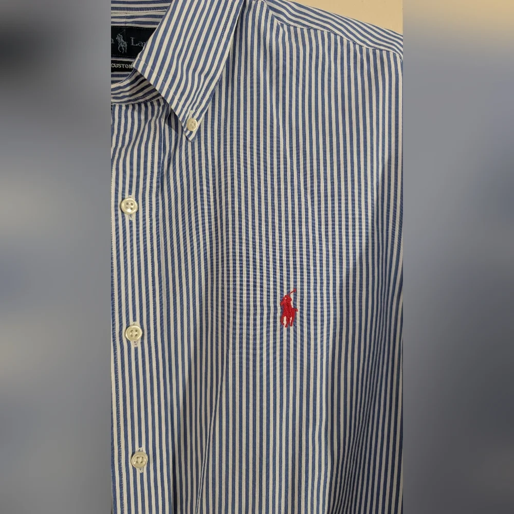Ralph Lauren Men's Large Custom Fit Button Down Collar Blue Stripe Dress Shirt - Picture 3 of 5